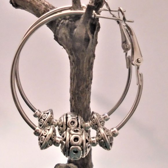 2/$25 Pretty Large Hoops earrings Tibet Antique Silver oxidized Bali beads - Picture 2 of 5